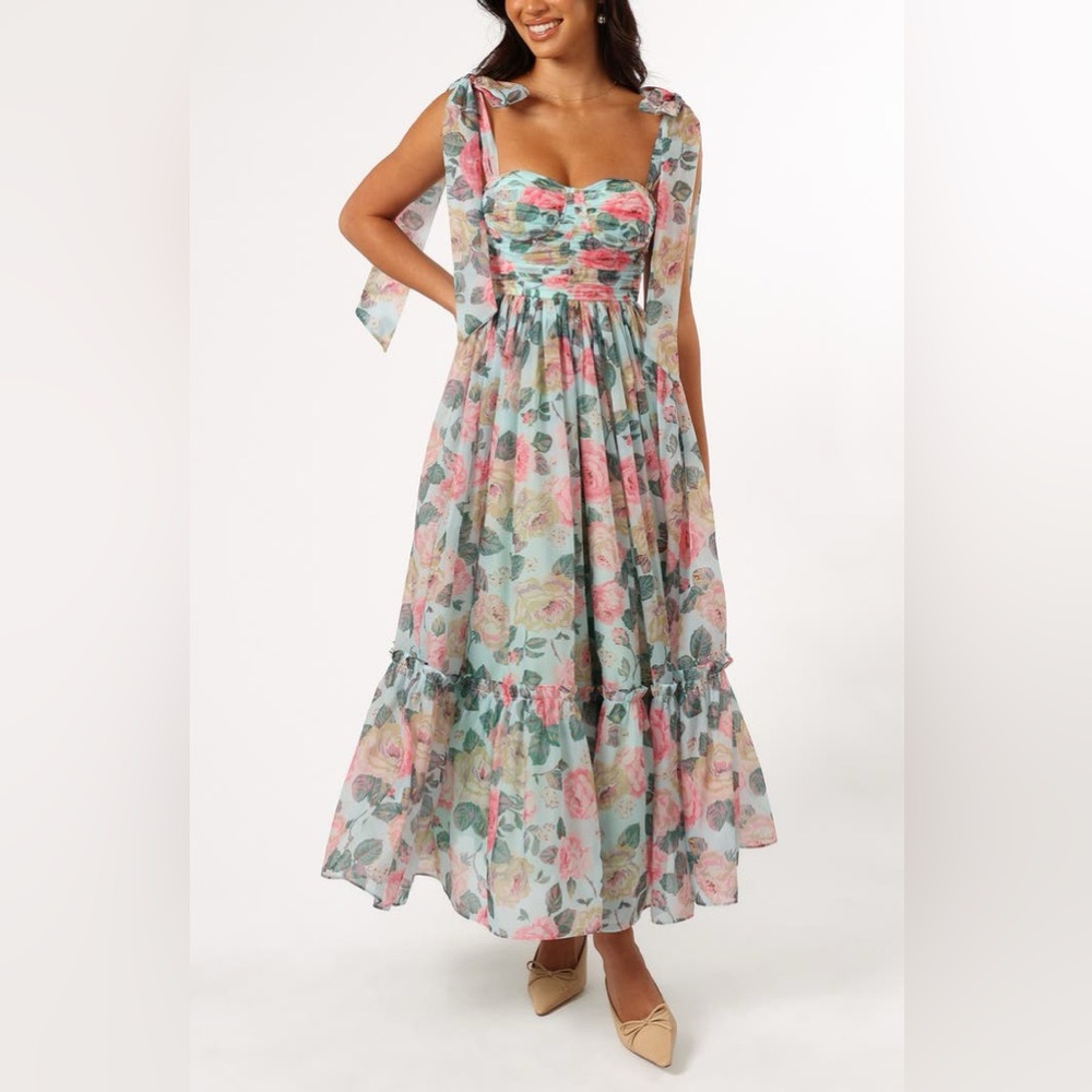 Petal & Pup Floret Bow Strap Sweetheart Neck Maxi Dress